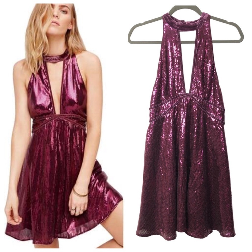 Free People | Film Noir Sequin Velvet Halter Mini Dress Plum Purple NWT SZ 4